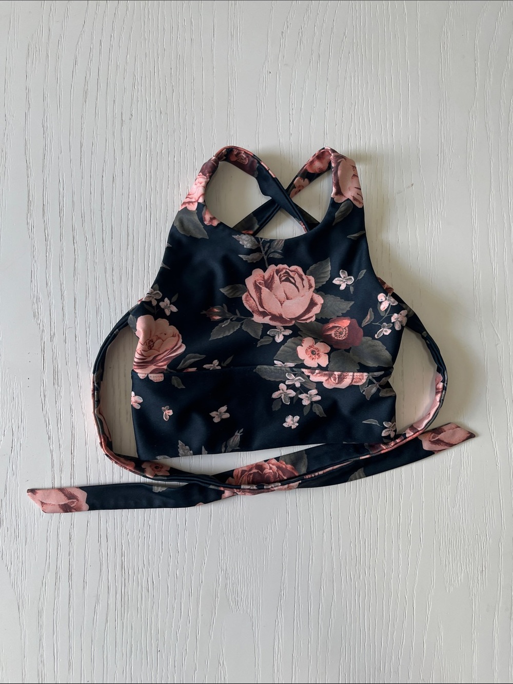 Joyfolie Black Tank Top with Pink Rose Print and Cross Straps Dance Sports Bra